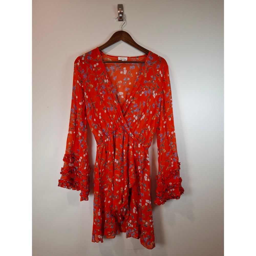 Rays for Days Orange Floral Wrap Mini Dress Ruffle Bell Sleeve V-Neck Small